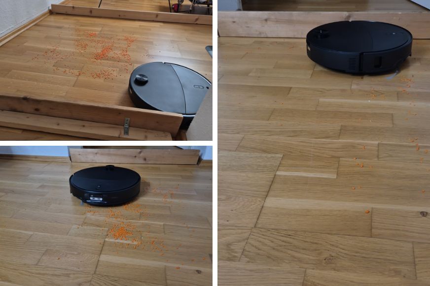 Roborock Qrevo Edge 2 saugt Linsen von einem Hartboden auf